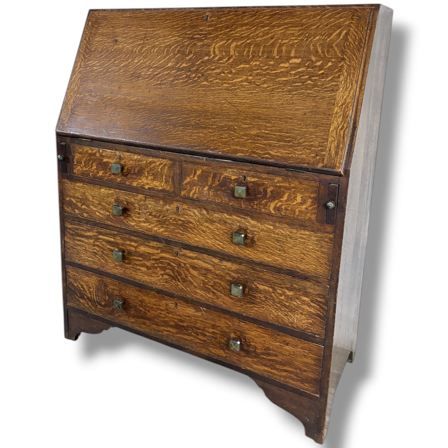 Arts & Crafts Bureau Desk – Quartersawn Oak Fall-Front Writing Surface With Drawers — view 4