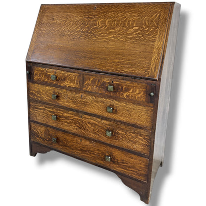Arts & Crafts Bureau Desk – Quartersawn Oak Fall-Front Writing Surface With Drawers — view 4