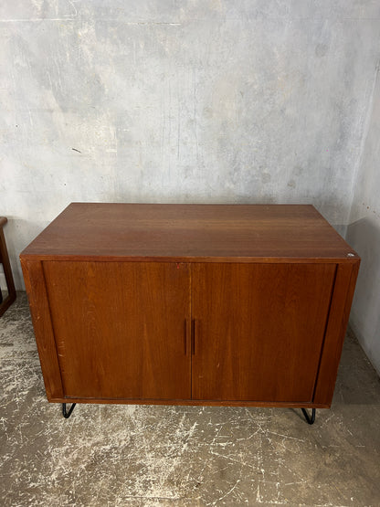 Mid Century Danish Teak Tambour Cabinet on Hairpin Legs | Vintage Sideboard Storage