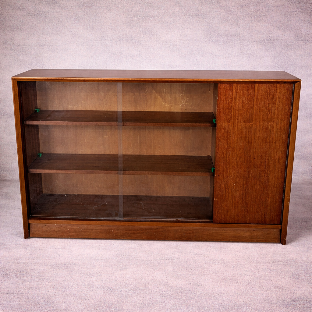 Mid Century Teak Sliding Door Bookcase by Herbert Gibbs – Glass Front Cabinet