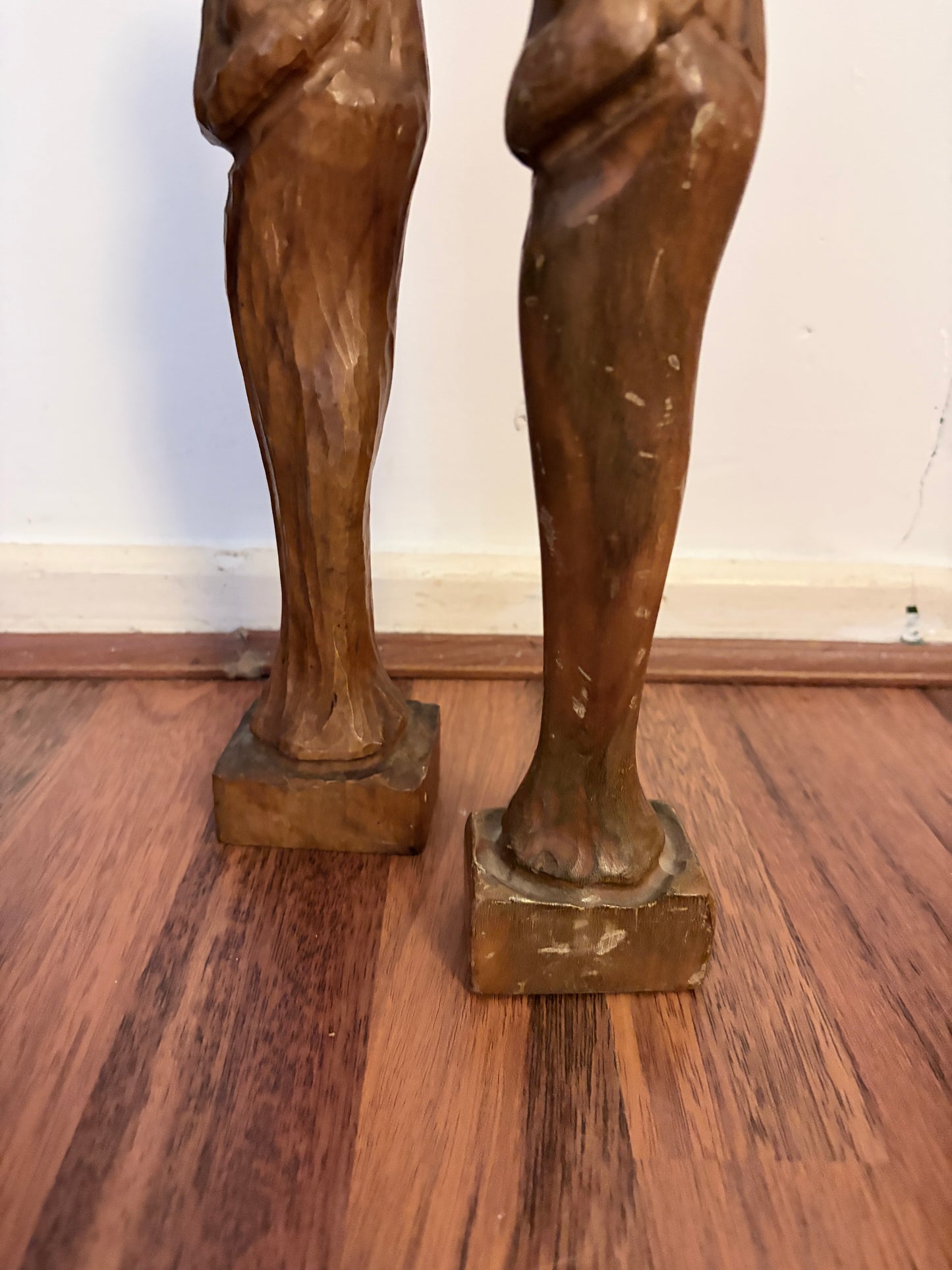 Mid Century Carved Wooden Madonna & Child Figures – Pair of Religious Sculptures