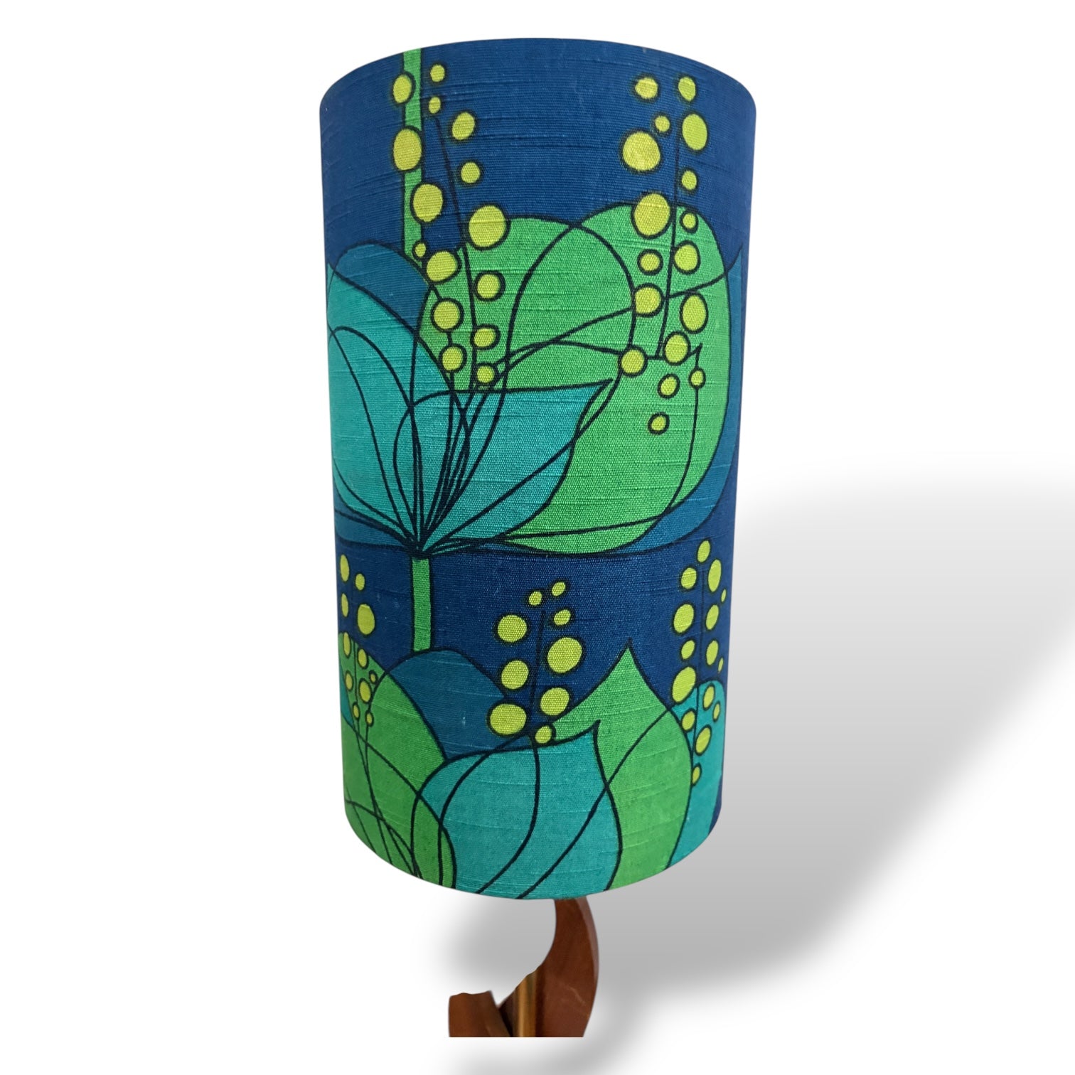 Mid Century Teak Table Lamp with Blue and Green Floral Shade by Lightfandango — view 5