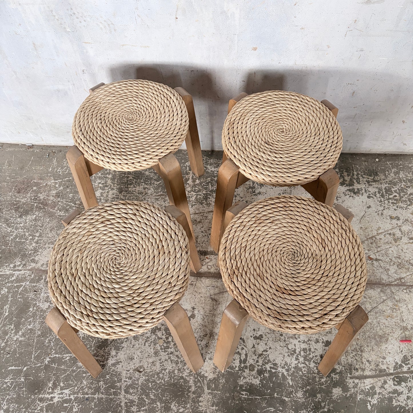 Mid Century Set of Four Stackable Rush Woven Stools