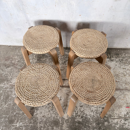 Mid Century Set of Four Stackable Rush Woven Stools