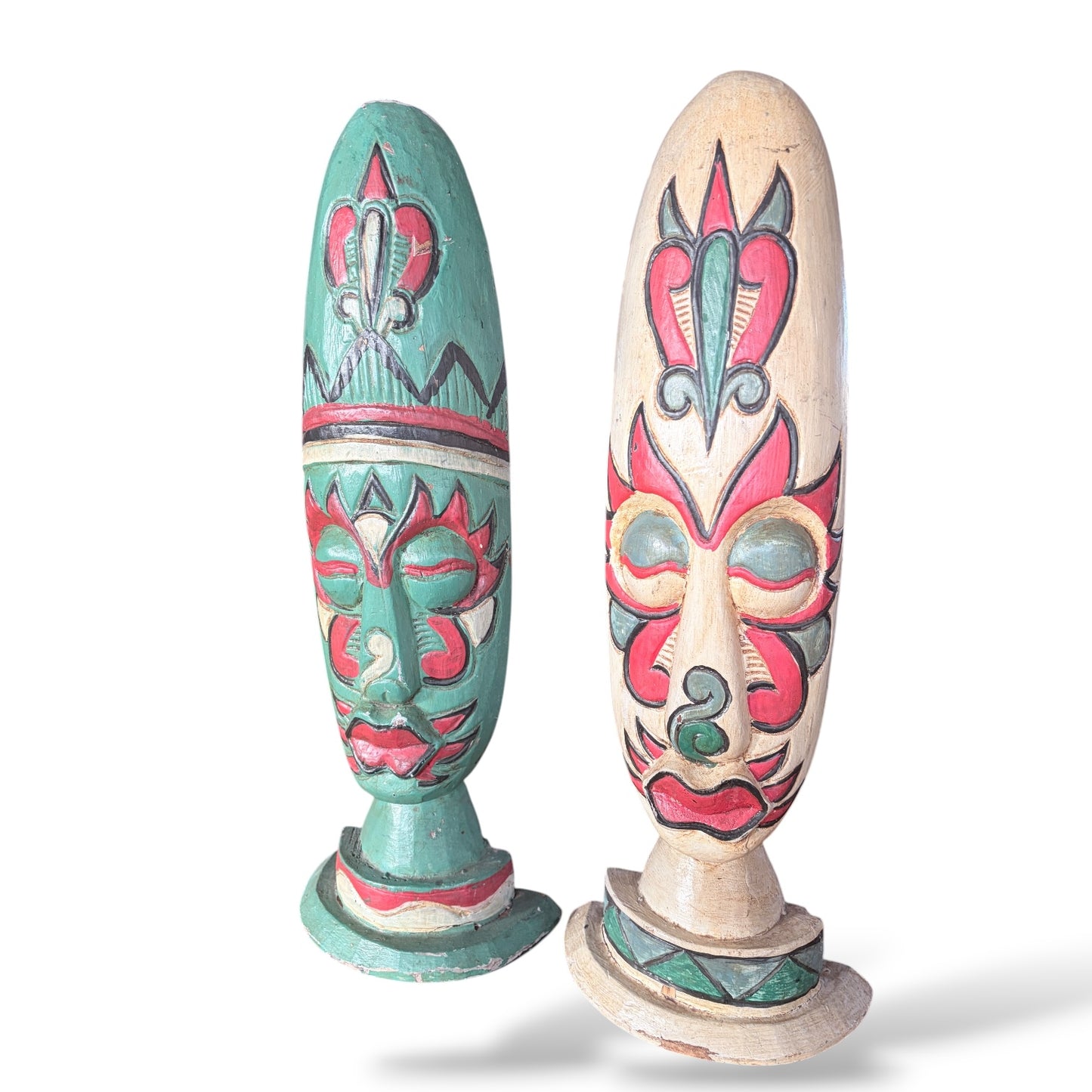 Hand Carved Wooden Sculptures – Mid Century Folk Art Painted Heads