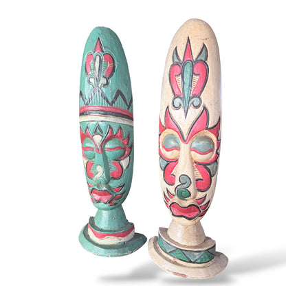 Hand Carved Wooden Sculptures – Mid Century Folk Art Painted Heads