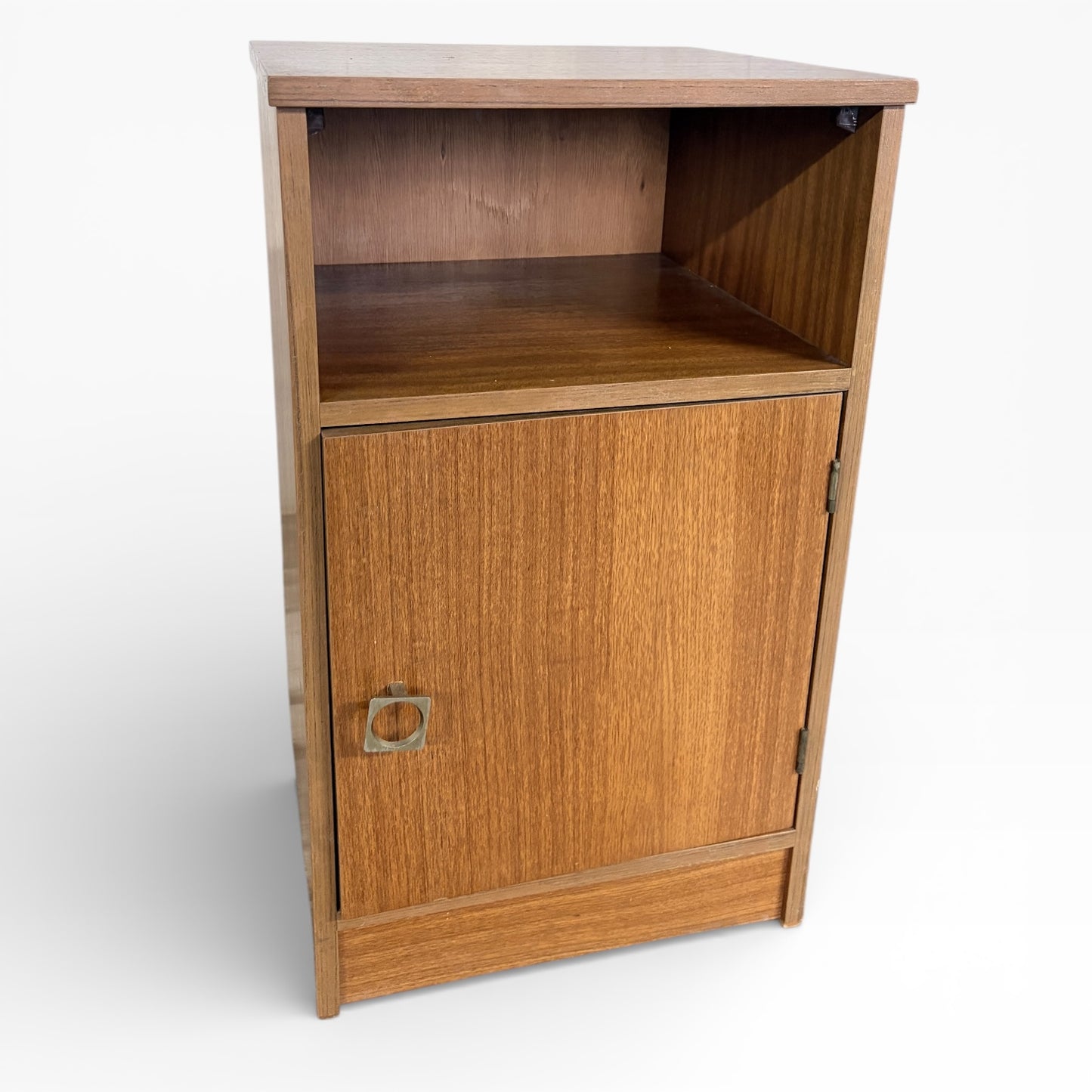 Mid Century Bedside Cabinet | Teak Stag Nightstand with Open Shelf & Cupboard