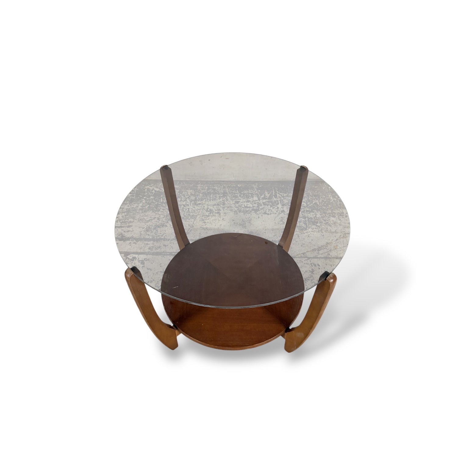 Mid Century Smoked Glass & Teak Round Coffee Table — view 6