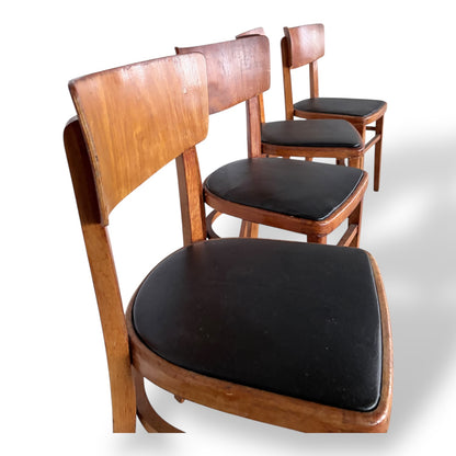 Set of Four Mid-Century Beech Dining Chairs – Black Vinyl Seats