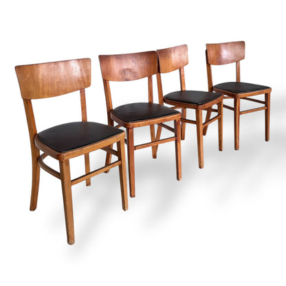 Set of Four Mid-Century Beech Dining Chairs – Black Vinyl Seats