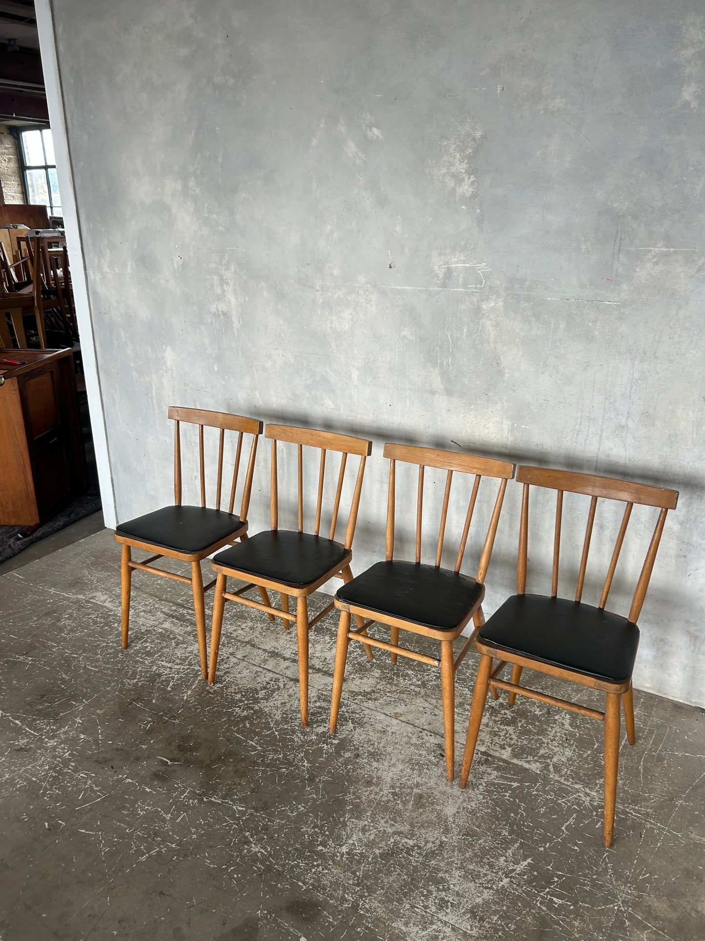 Set of 4 Vintage Stick Back Dining Chairs | Mid-Century Kitchen Chairs with Black Vinyl Seats