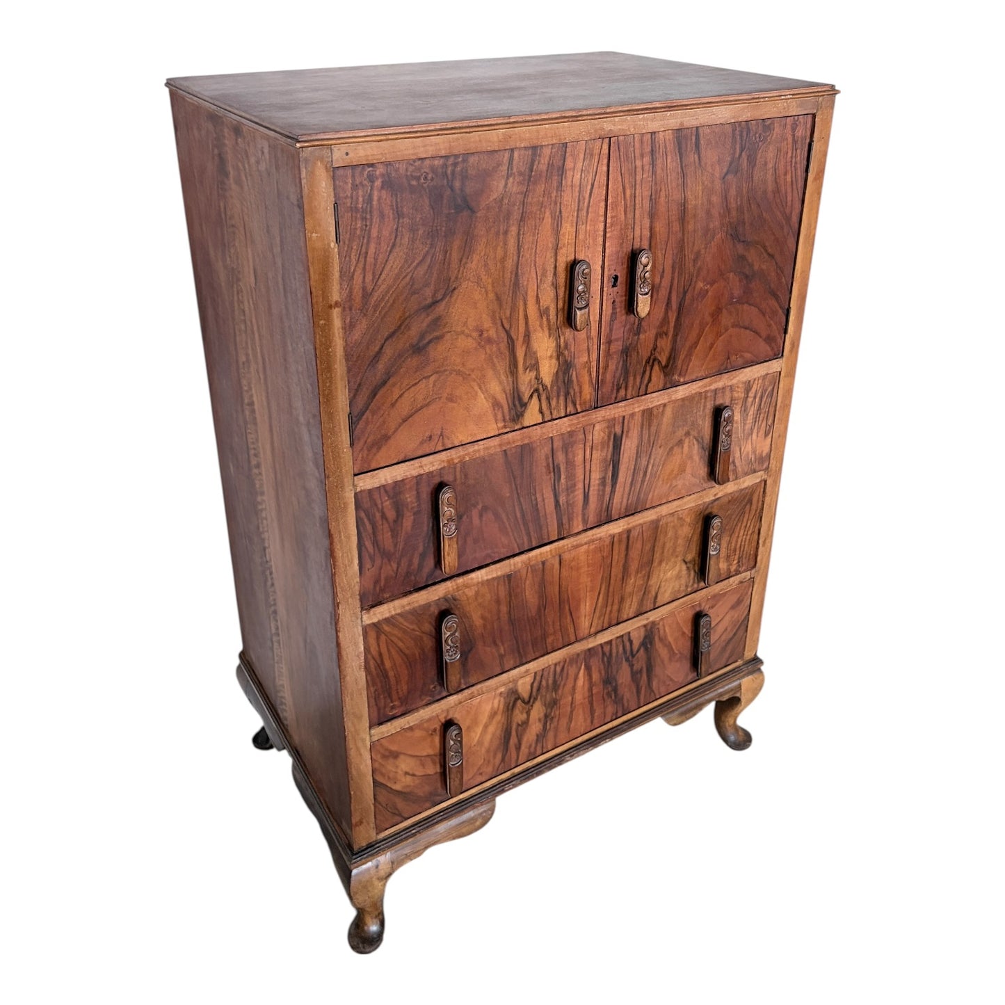 Art Deco Walnut Tallboy Chest of Drawers with Cabinet Top