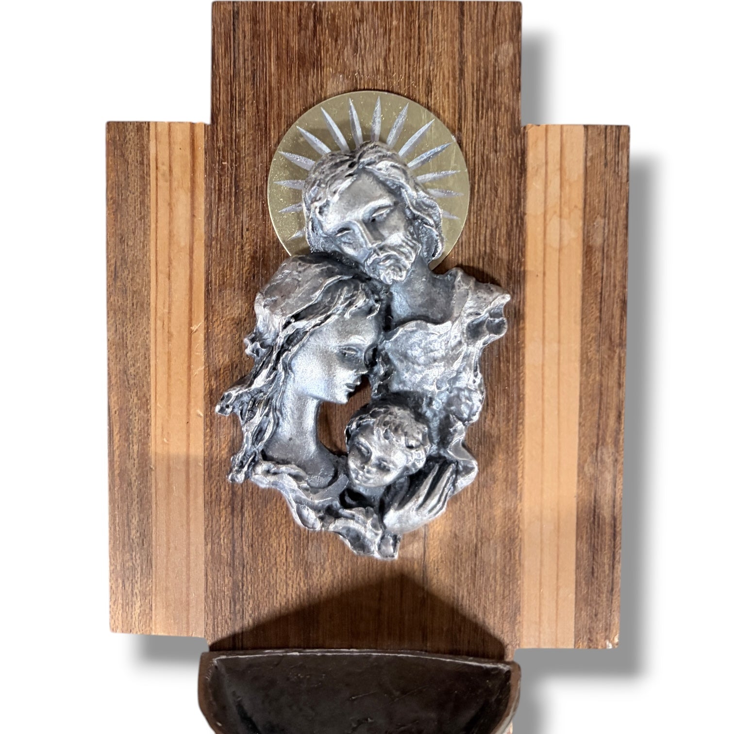 Miniature Holy Water Font – Vintage Wooden Wall Mounted Stoup with Silver Tone Relief Basin — view 6