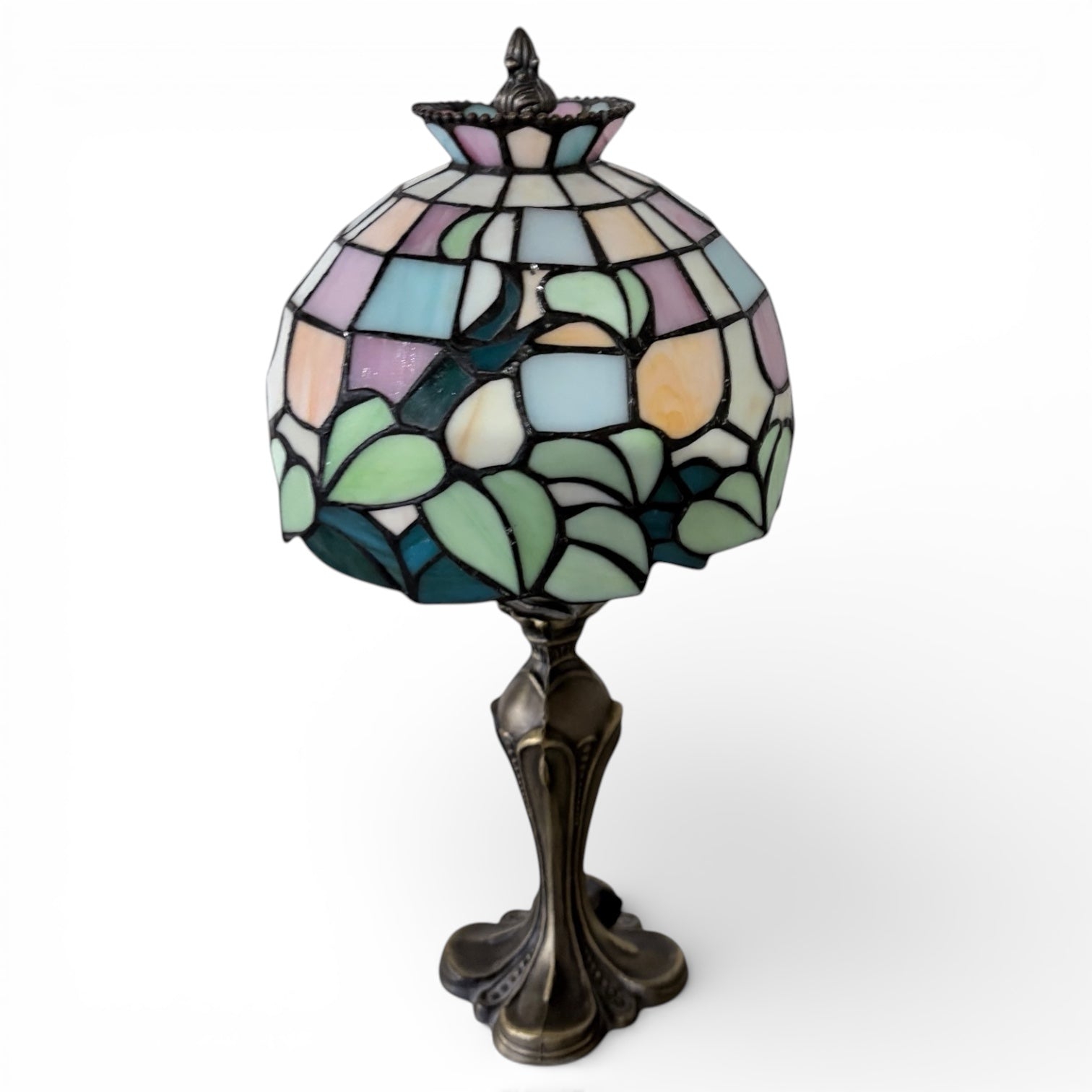 Tiffany Stained Glass Lamp – Vintage Table Lamp with Pastel Floral Shade & Bronze Base — view 2