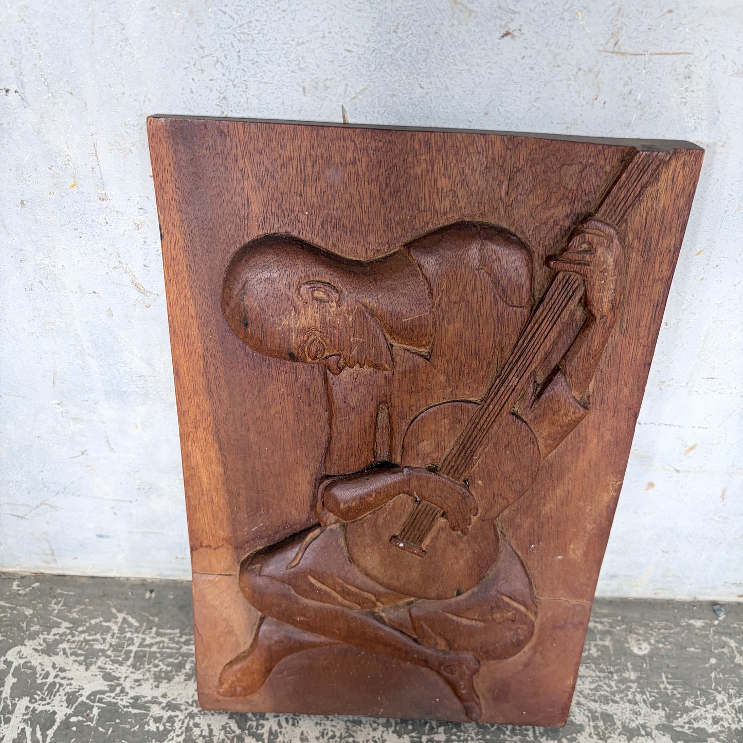 Vintage Hand-Carved Wooden Relief Wall Plaque of a Guitarist