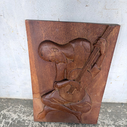 Vintage Hand-Carved Wooden Relief Wall Plaque of a Guitarist