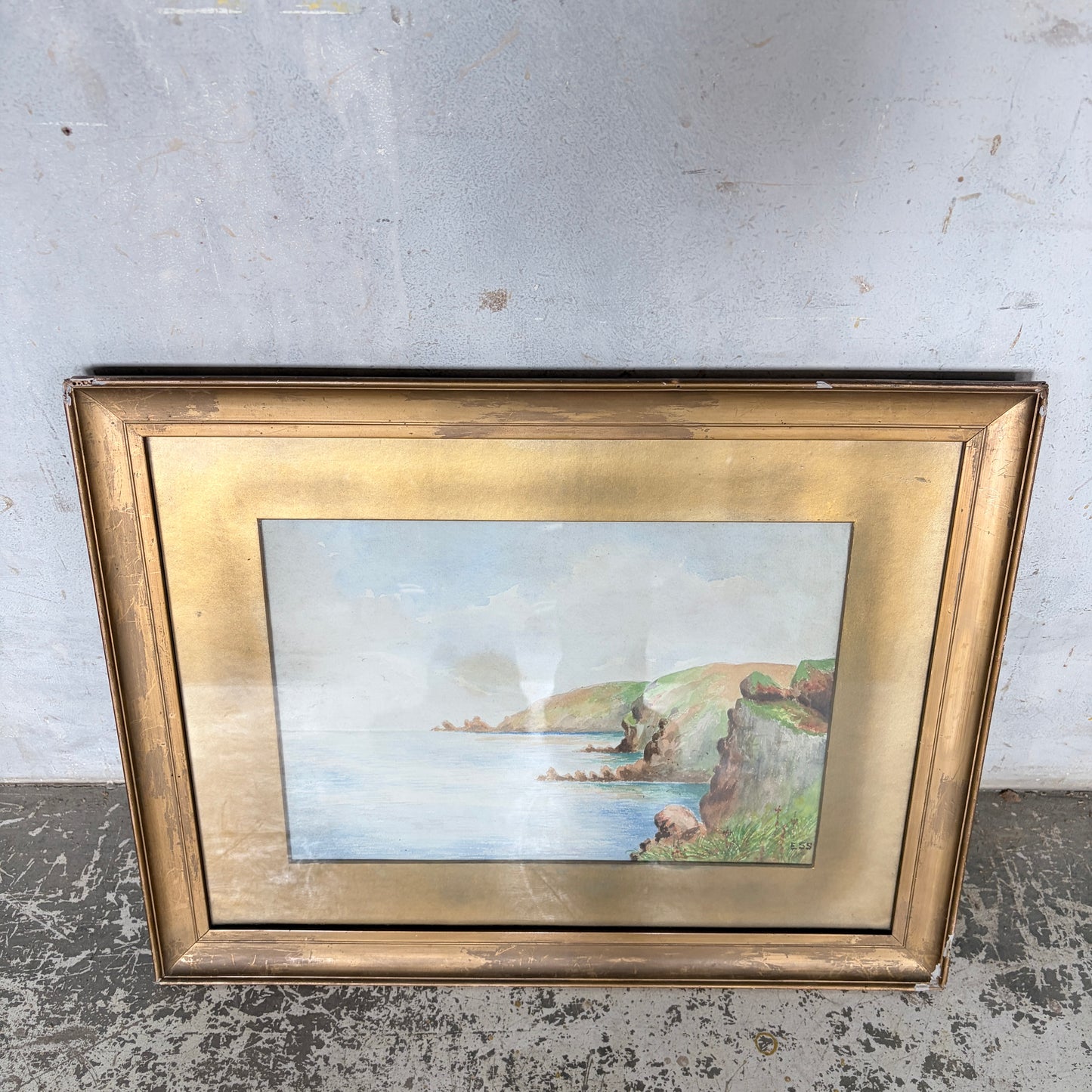 1950s Coastal Watercolour Landscape Painting in Original Gilt Frame