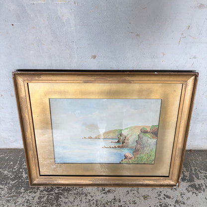 1950s Coastal Watercolour Landscape Painting in Original Gilt Frame