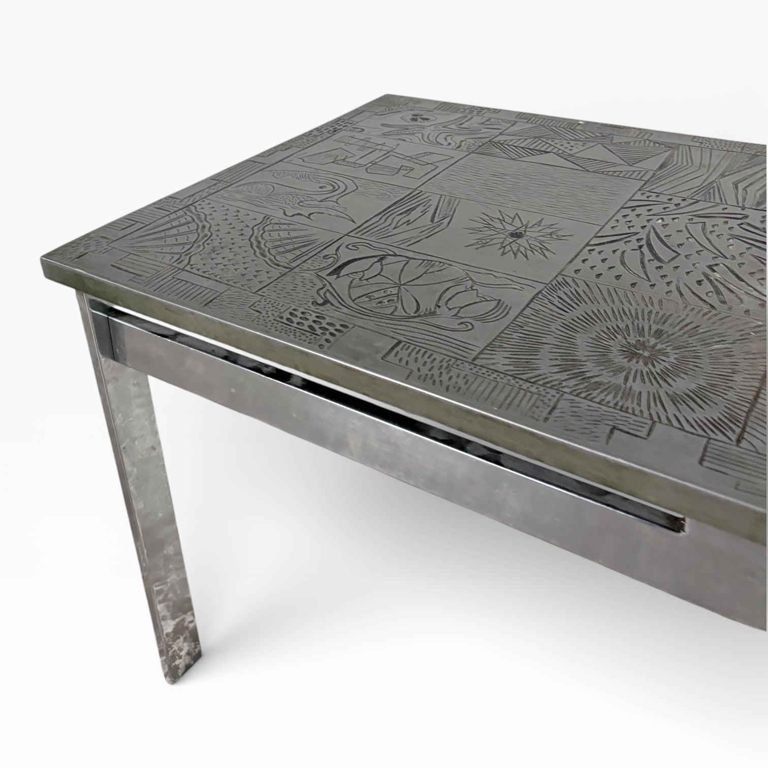 Mid Century Carved Copper & Chrome Abstract Tile Coffee Table — view 5