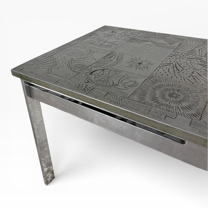 Mid Century Carved Copper & Chrome Abstract Tile Coffee Table — view 5