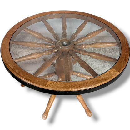 Vintage Ship Wheel Table – Elm and Oak Nautical Coffee Table with Glass Top
