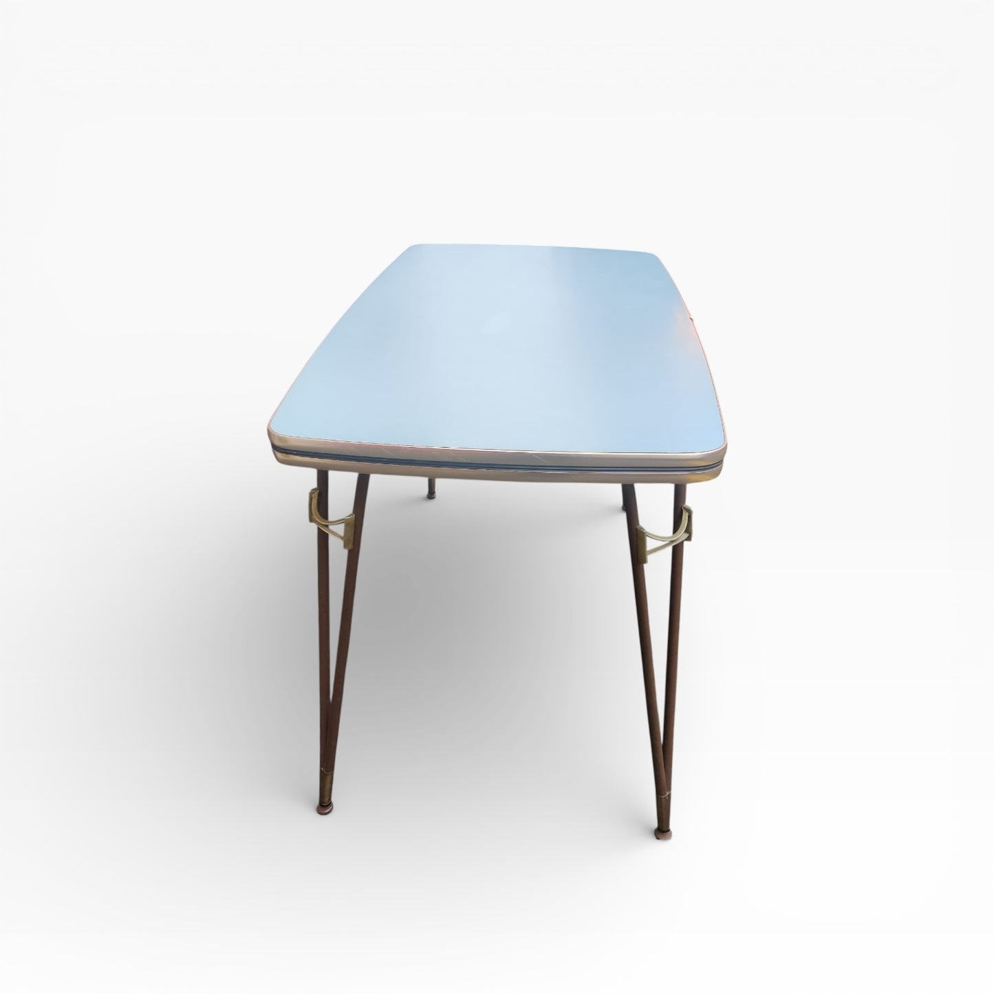 Mid Century Italian Blue Formica Dining Table & 4 Black Vinyl Chrome Chairs Set — view 17