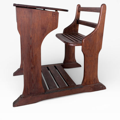 Antique Pine School Desk with Attached Bench
