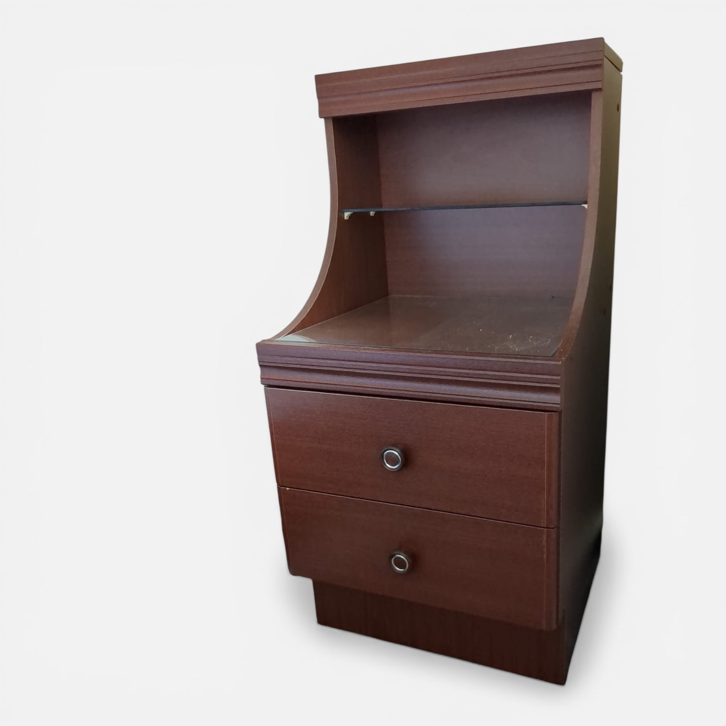 Pair of Vintage Mahogany & Formica Bedside Cabinets with Open Shelf