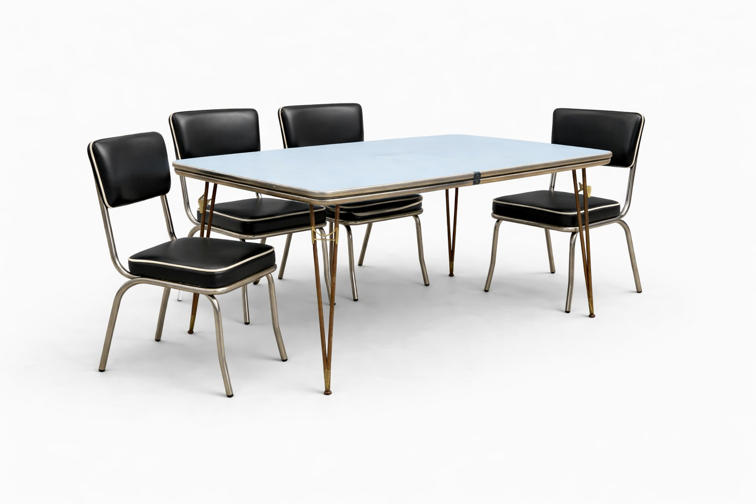 Mid Century Italian Blue Formica Dining Table & 4 Black Vinyl Chrome Chairs Set