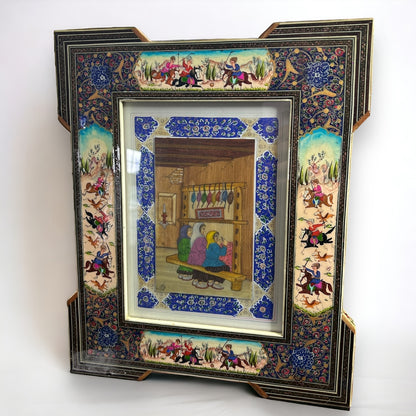 Vintage 1950s Persian Khatam Mosaic Watercolour Painting