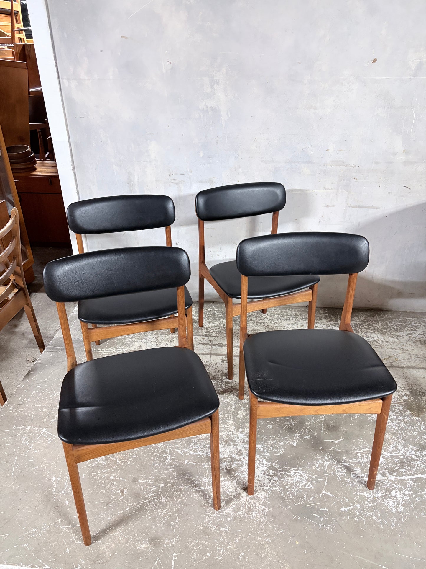 Mid Century Danish Teak Dining Chairs – Set of 4 Black Vinyl Seats