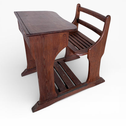 Antique Pine School Desk with Attached Bench
