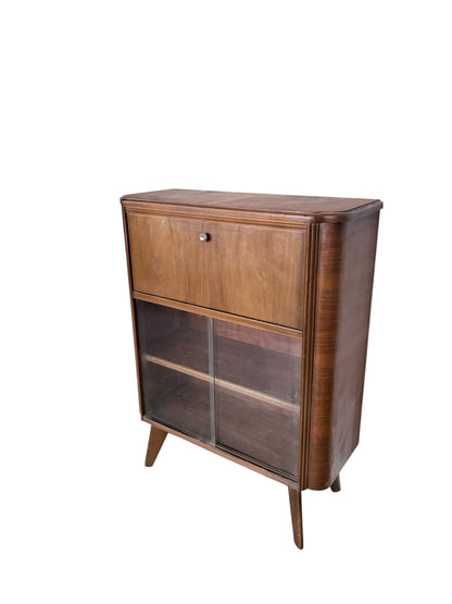 Art Deco Walnut Bureau Drinks Cabinet with Glazed Display