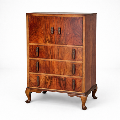 Art Deco Walnut Tallboy Chest of Drawers with Cabinet Top