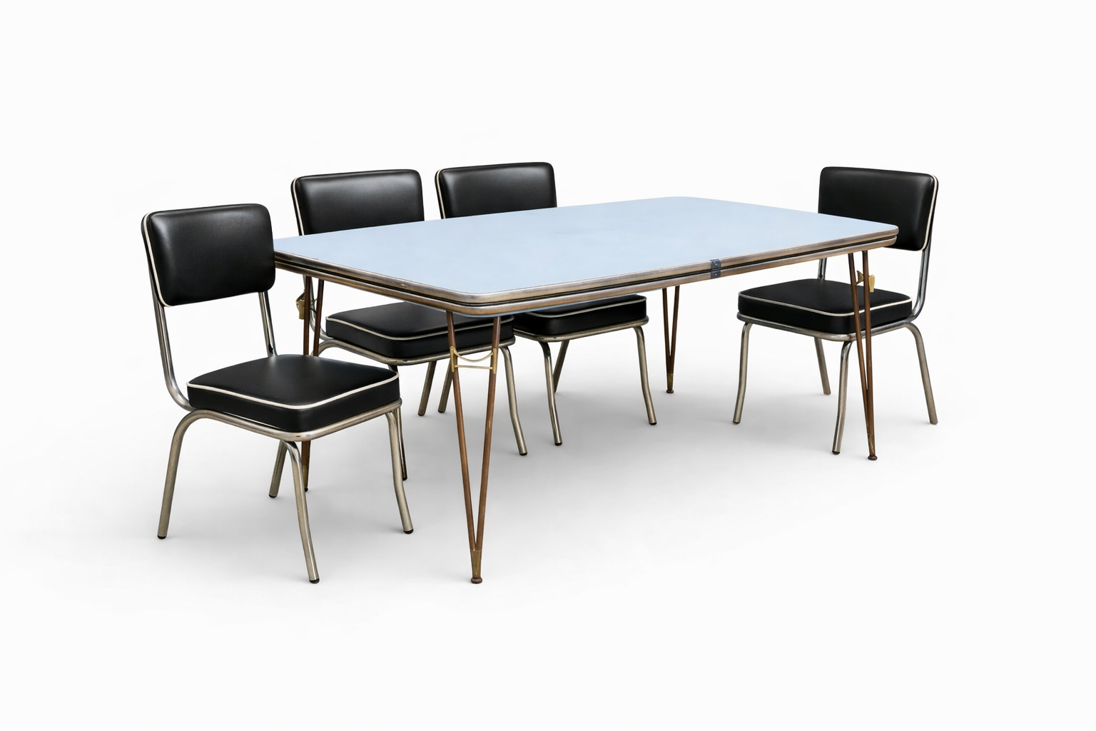 Mid Century Italian Blue Formica Dining Table & 4 Black Vinyl Chrome Chairs Set — view 3
