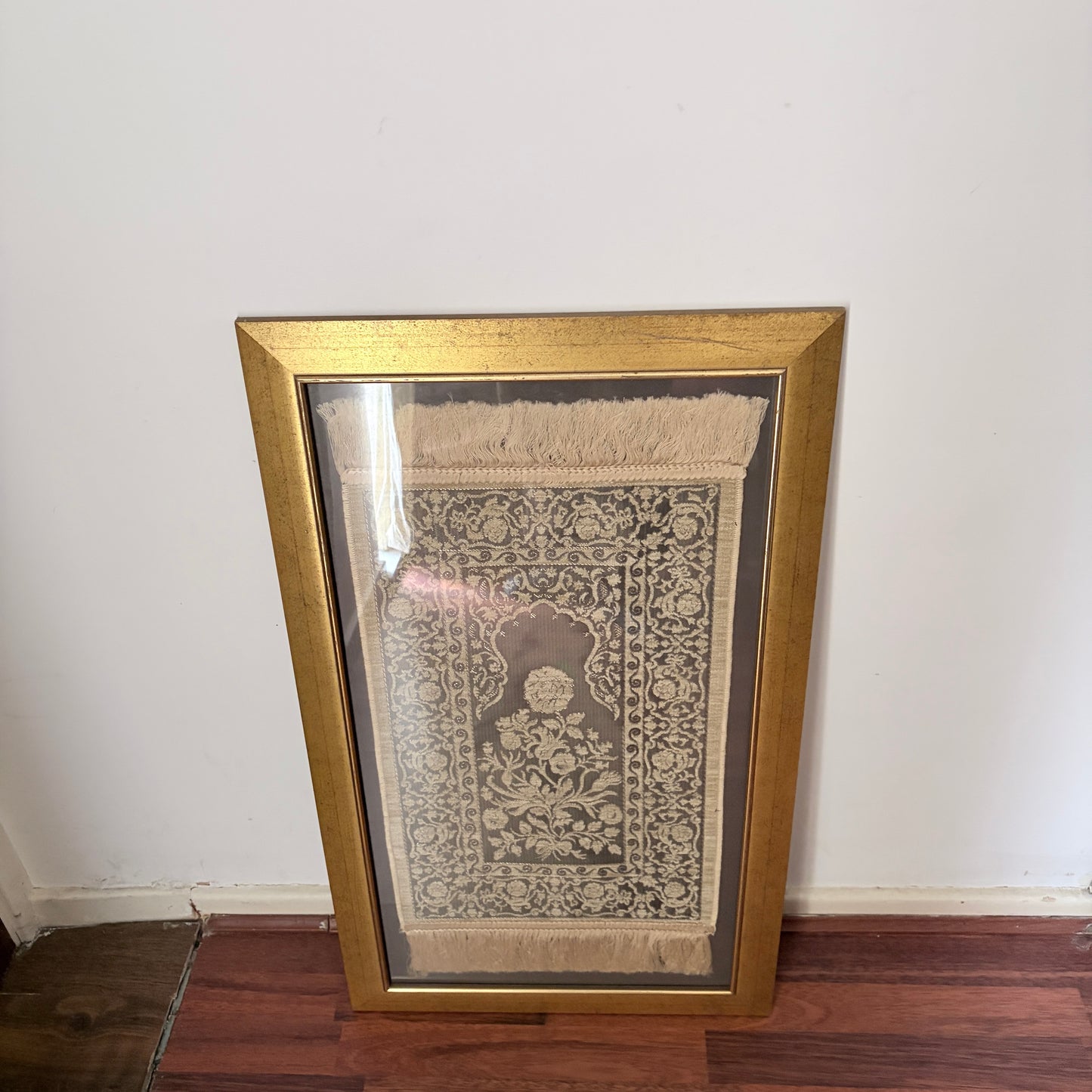 Framed Vintage Islamic Prayer Rug | Woven Textile Wall Art | Gold Frame