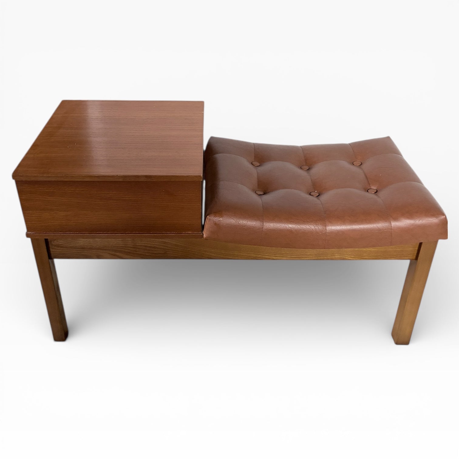 Mid Century Teak Bench - Vintage Hall Bench with Leather Upholstered Seat & Storage — view 2