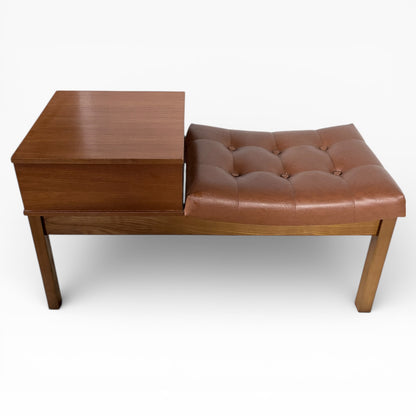 Mid Century Teak Bench - Vintage Hall Bench with Leather Upholstered Seat & Storage — view 2