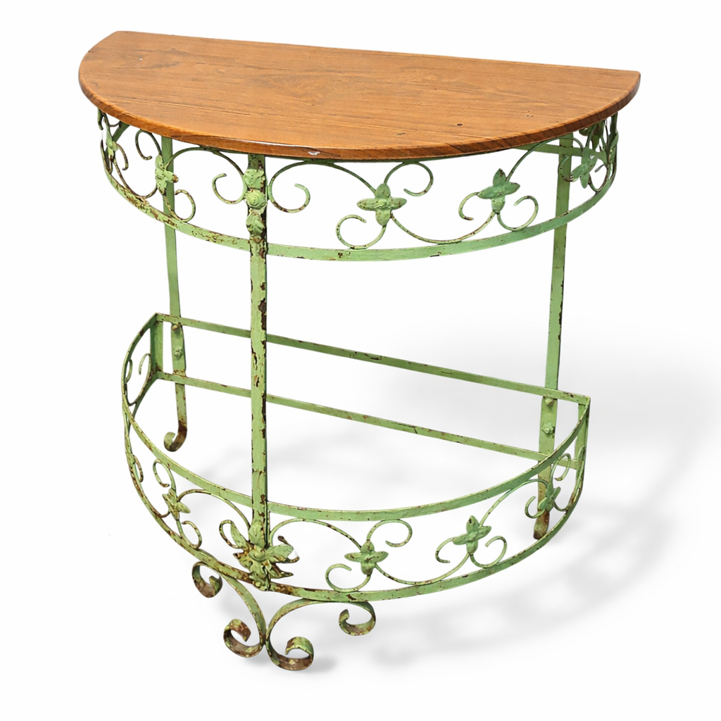 Vintage Wrought Iron Demi-Lune Console Table with Wooden Top