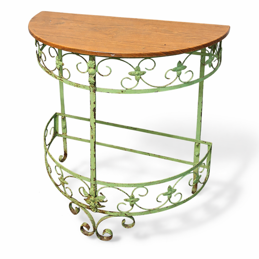 Vintage Wrought Iron Demi-Lune Console Table with Wooden Top