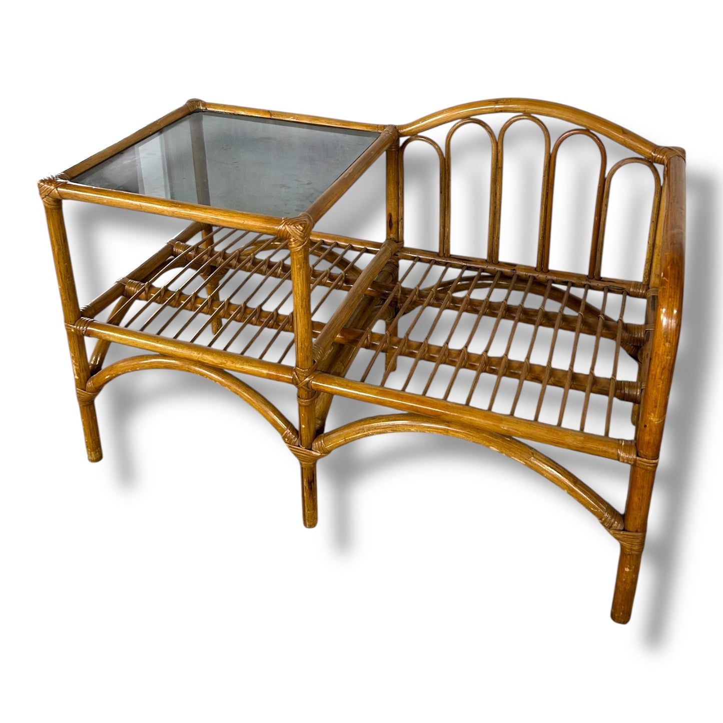 Vintage Bamboo Telephone Table with Smoked Glass Top | Boho Mid Century Rattan Hallway Seat
