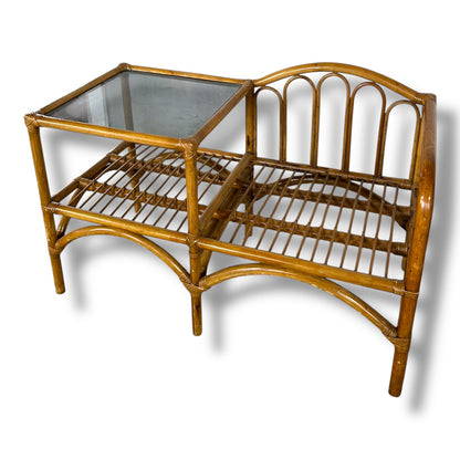 Vintage Bamboo Telephone Table with Smoked Glass Top | Boho Mid Century Rattan Hallway Seat