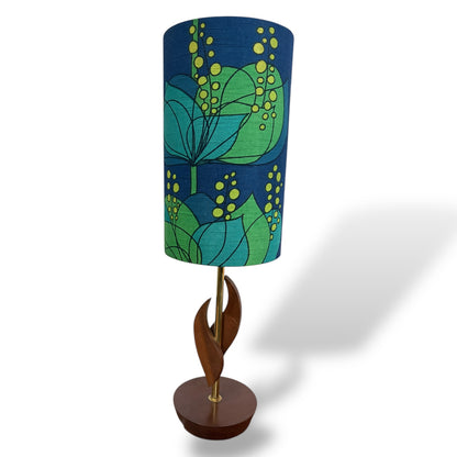 Mid Century Teak Table Lamp with Blue and Green Floral Shade by Lightfandango — view 7