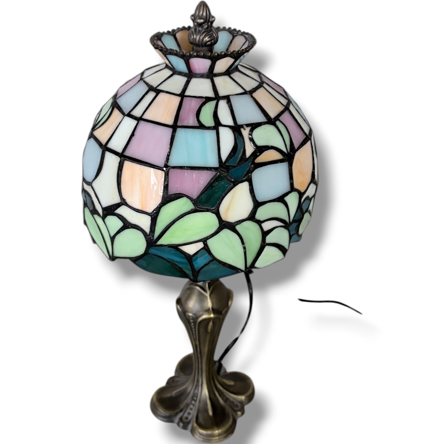 Tiffany Stained Glass Lamp – Vintage Table Lamp with Pastel Floral Shade & Bronze Base — view 7