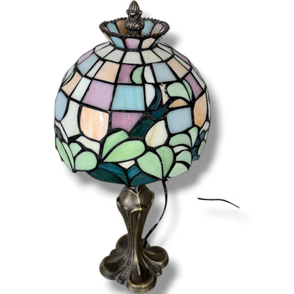 Tiffany Stained Glass Lamp – Vintage Table Lamp with Pastel Floral Shade & Bronze Base — view 7