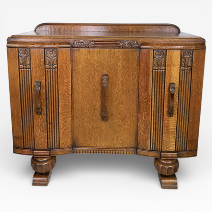 Art Deco Sideboard | 1930s Vintage Oak Drinks Cabinet With Geometric Carved Storage