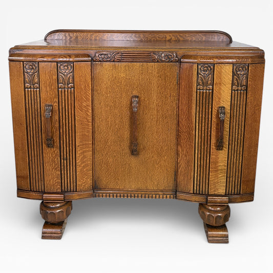 Art Deco Sideboard – 1930s Vintage Oak Drinks Cabinet With Geometric Carved Storage