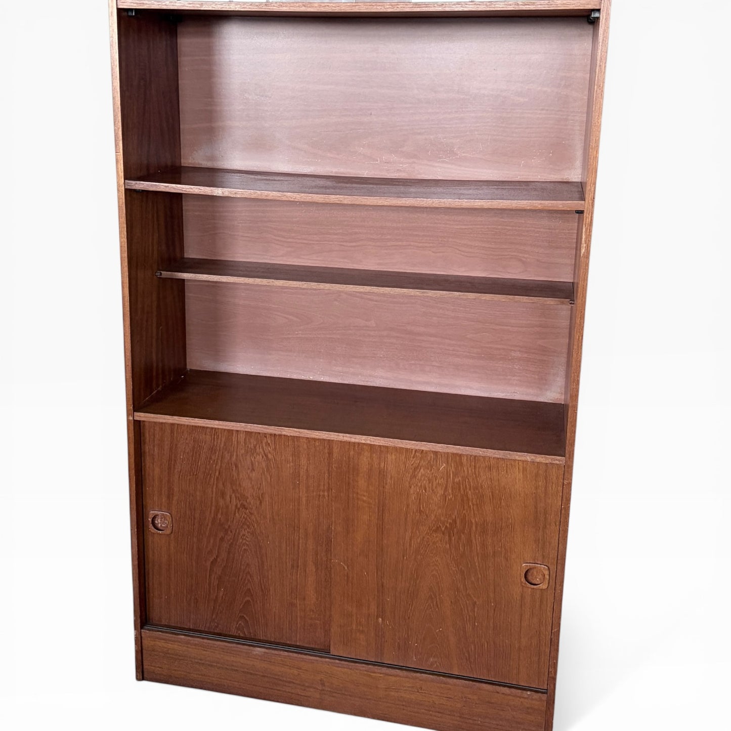 Vintage Danish Teak Tall Bookcase Cabinet with Sliding Doors