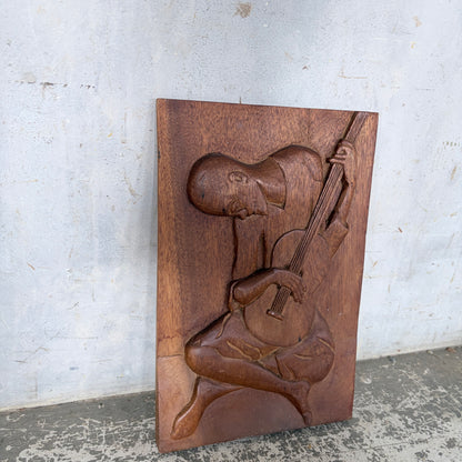 Vintage Hand-Carved Wooden Relief Wall Plaque of a Guitarist