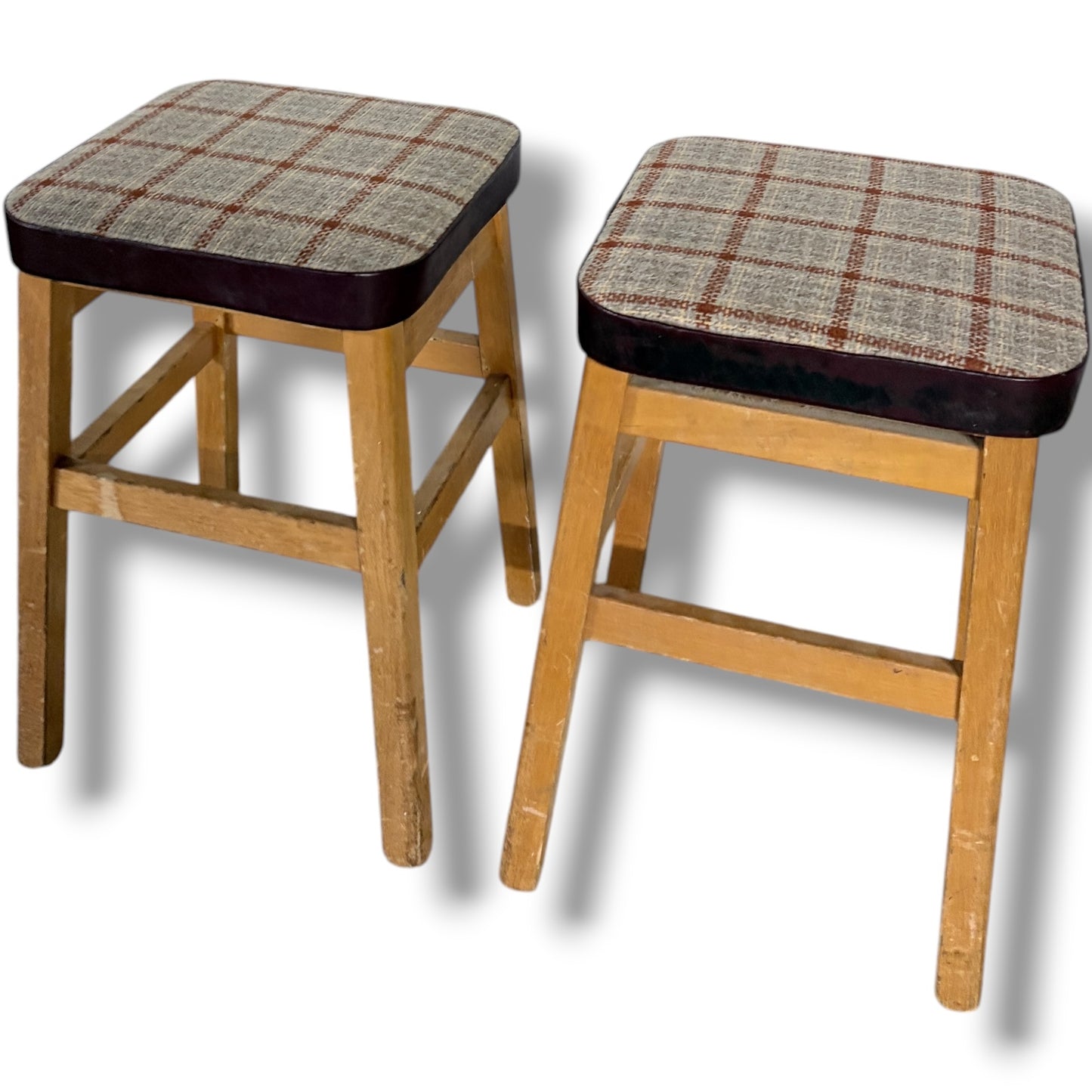 Mid Century Stools - Pair of Vintage Oak Tweed Upholstered Footstools 33cm